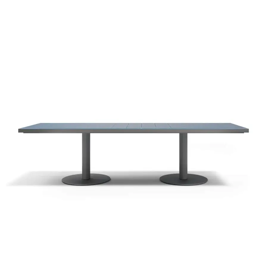 Elegant Atmosphera Pantagruel table with a muted blue-grey glazed ceramic surface and matte solid aluminum base