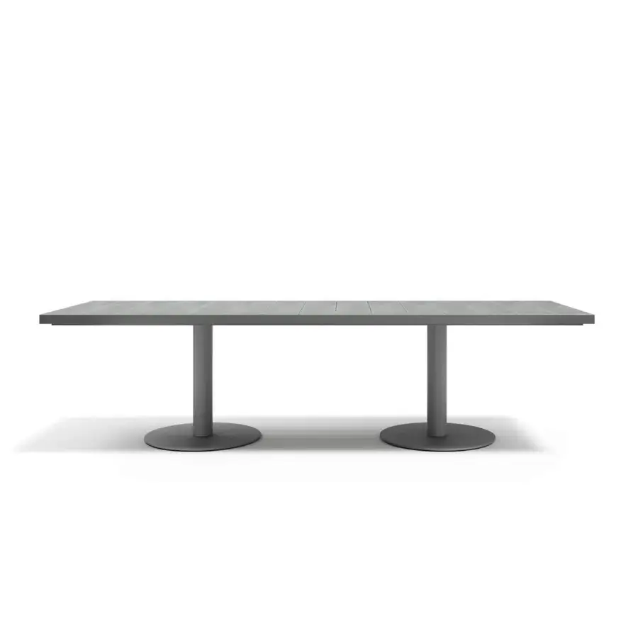 Distinguished Atmosphera Pantagruel table with a muted gray glazed ceramic surface and solid aluminum base crafted with a smooth matte finish