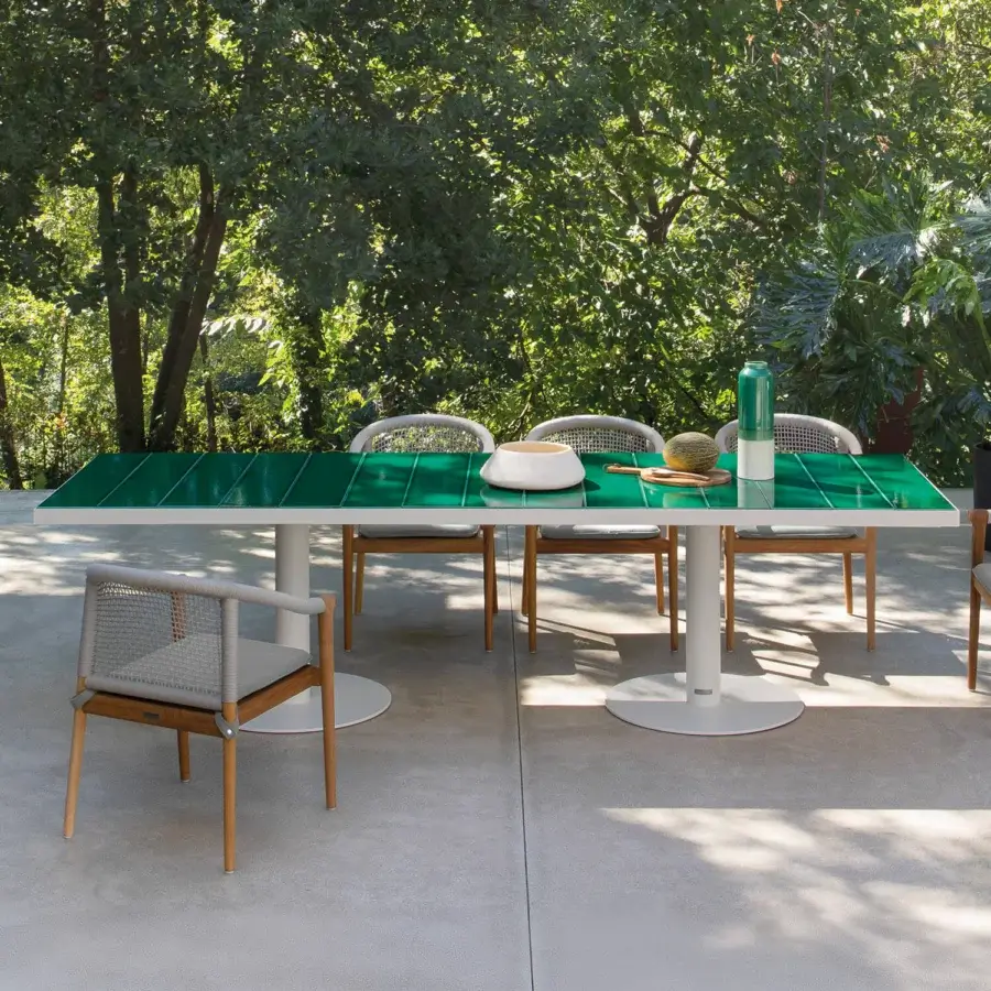 Superior Atmosphera Pantagruel table with a glossy green glazed ceramic top and robust solid aluminum base