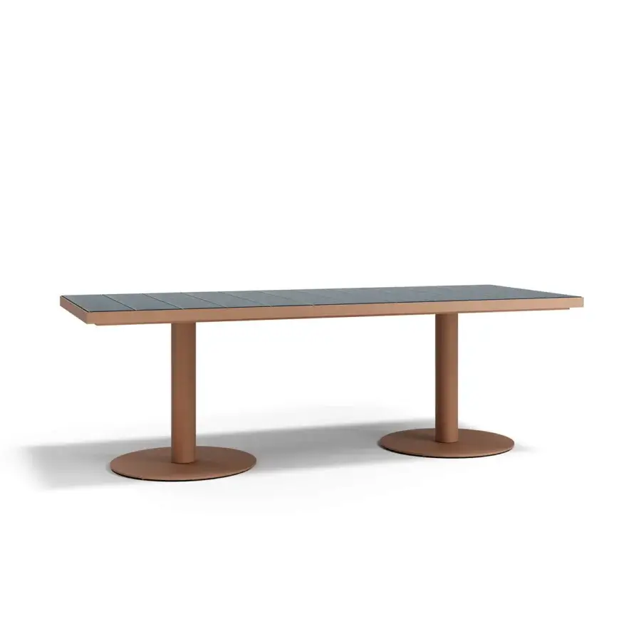 Distinguished Atmosphera Pantagruel table with a glazed ceramic tabletop in muted teal-blue and a reddish-brown solid aluminum base with satin finish