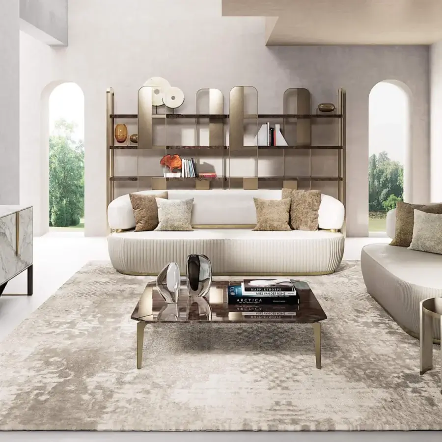 Lavish Capital Bon Ton sofa with pale blue-grey textured fabric upholstery and sleek metal base crafted in Italy