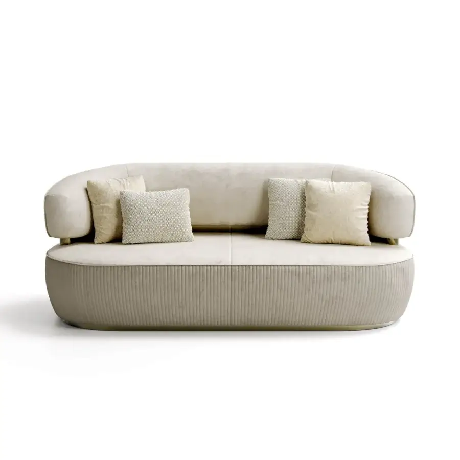 Distinguished Capital Bon Ton sofa with curved silhouette upholstered in creamy beige fabric and sleek metal base
