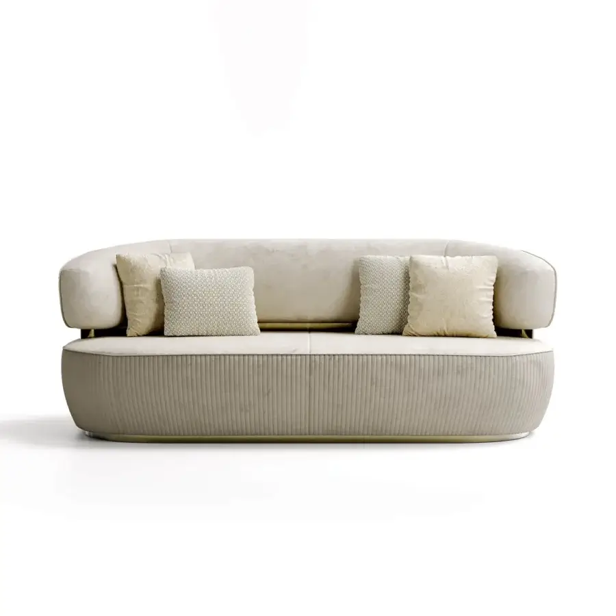 Lavish Capital Bon Ton sofa with sculpted form upholstered in pale beige textile and matte finish, built with a gold-toned metal base
