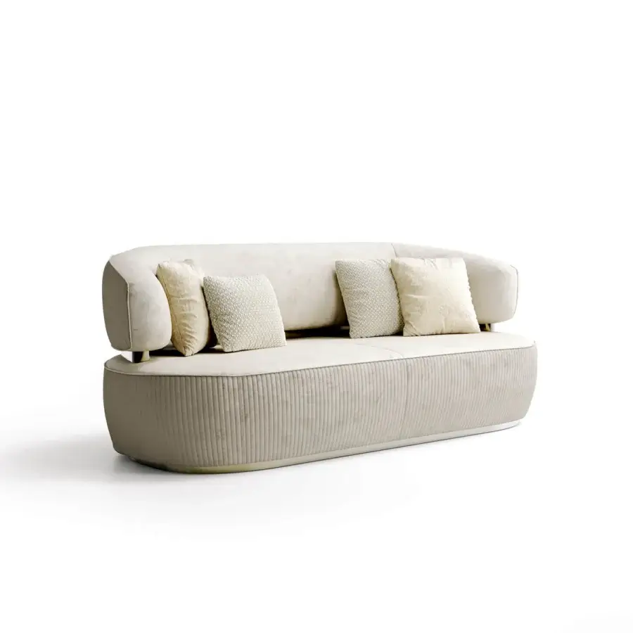 Superior Capital Bon Ton sofa with sculpted form upholstered in light beige textured ribbed fabric and sleek metal base