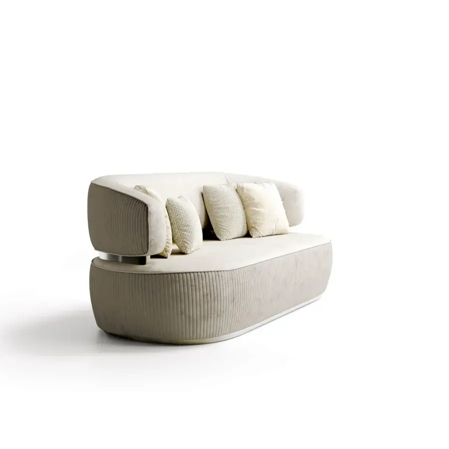 Exceptional Capital Bon Ton sofa with sculpted form upholstered in muted beige textile and built with a sleek metal base