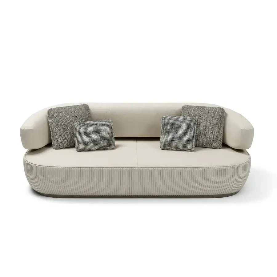 Sophisticated Capital Bon Ton sofa with gently curved silhouette upholstered in refined light beige textile and sleek metal base