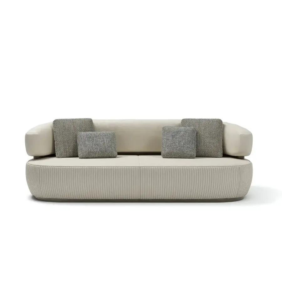 Lavish Capital Bon Ton sofa with sculpted form and ribbed beige textile upholstery built with a sleek metal base