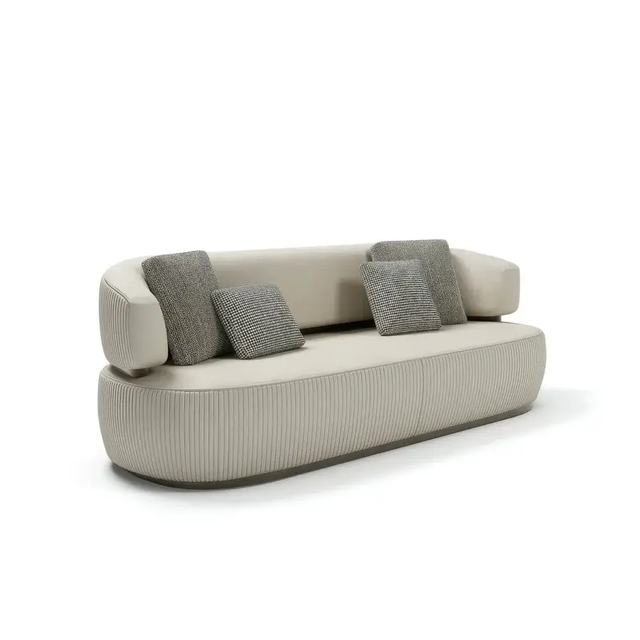 Exceptional Capital Bon Ton sofa with curved silhouette upholstered in textured light beige fabric and sleek metal base