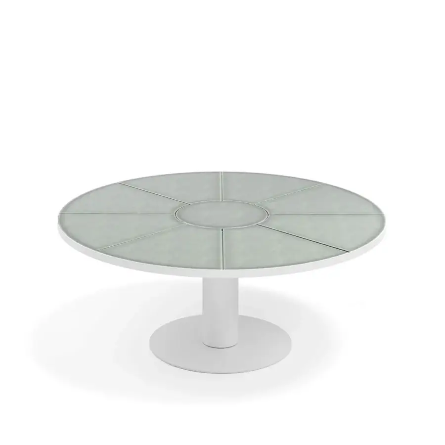 Elegant Atmosphera Pantagruel round table with pale green glazed lava stone and white aluminum base crafted in Italy