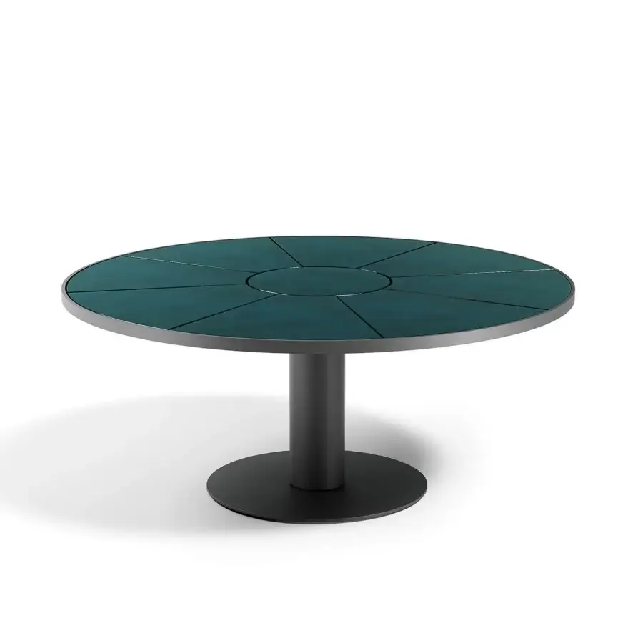 Exceptional Atmosphera Pantagruel round table with teal glazed lava stone tabletop and solid aluminum base crafted in Italy