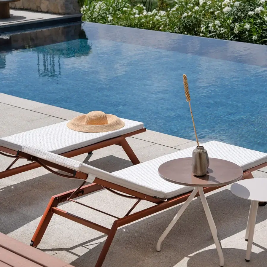 Distinguished Atmosphera Maxim chaise lounge built with reddish-brown aluminum and breathable white Textilene fabric