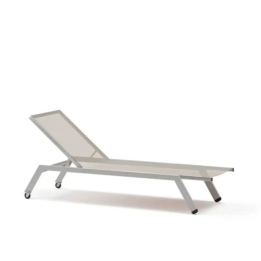 Refined Atmosphera Maxim chaise lounge with a lightweight aluminum frame and breathable light gray Textilene fabric with epoxy finish