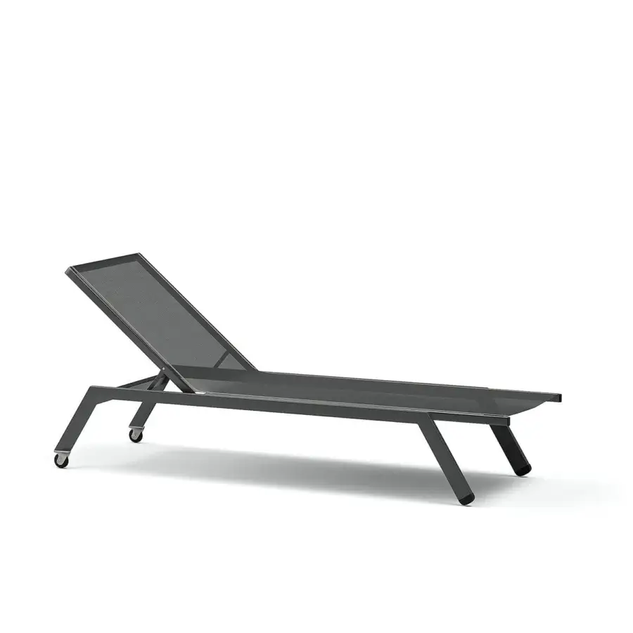 Elegant Atmosphera Maxim chaise lounge with a dark gray aluminum frame and medium gray Textilene seat built for outdoor use