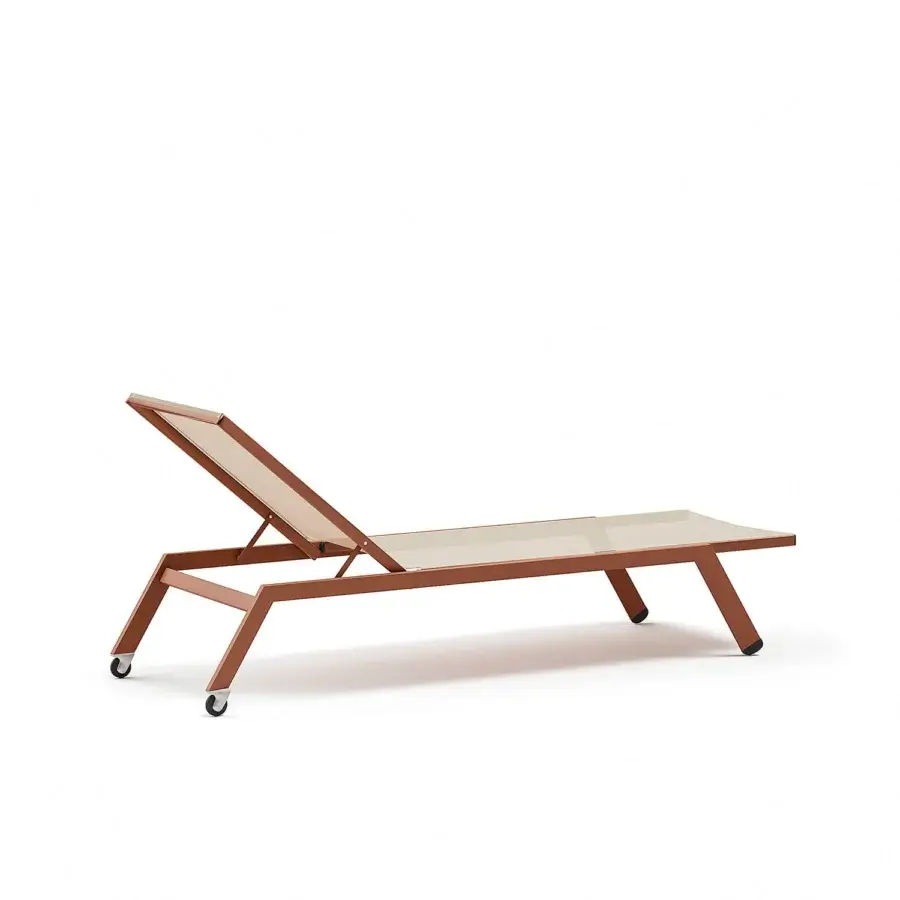 Exceptional Atmosphera Maxim chaise lounge with a wood-look epoxy finish and micro heat-sealed Textilene seat
