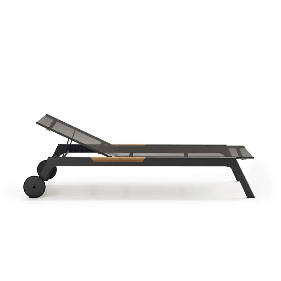 Distinguished Atmosphera Nevada chaise lounge built with graphite aluminum, warm teak accents and dark gray woven textile