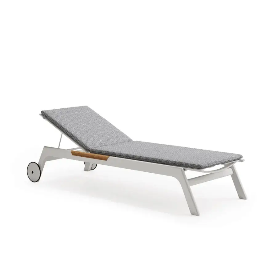 Superior Atmosphera Nevada chaise lounge with woven gray textile, warm teak accents and matte white aluminum construction
