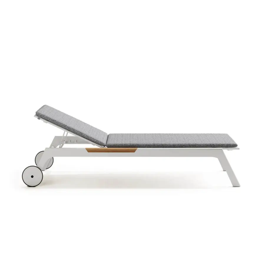 Exceptional Atmosphera Nevada chaise lounge with matte white aluminum, gray textile upholstery and warm teak accents
