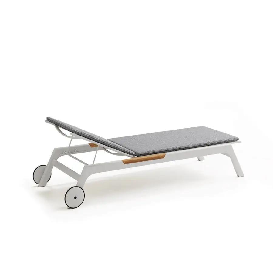 Refined Atmosphera Nevada chaise lounge with warm teak, matte white aluminum and comfortable gray woven fabric