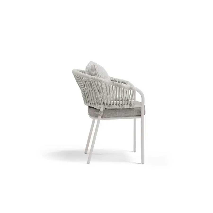 Elegant Atmosphera Pleasure armchair with sculpted aluminum, woven material, and crisp white finish crafted in Italy
