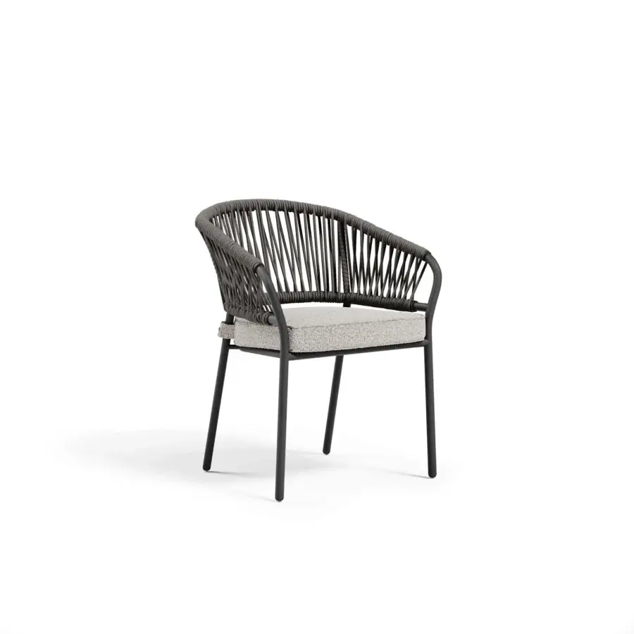 Superior Atmosphera Pleasure armchair with sculpted graphite aluminum, woven dark gray ropes, and light gray textured seat upholstery