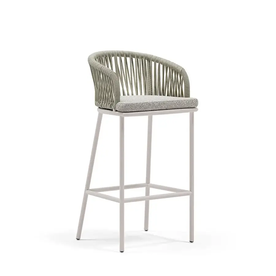 Distinguished Atmosphera Pleasure stool with white aluminum frame, sage green woven fibers and removable light grey seat cushion