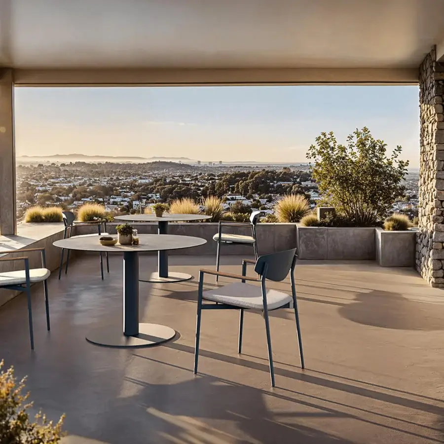Superior Atmosphera Arena table crafted with muted grey-blue gres and a refined matte finish