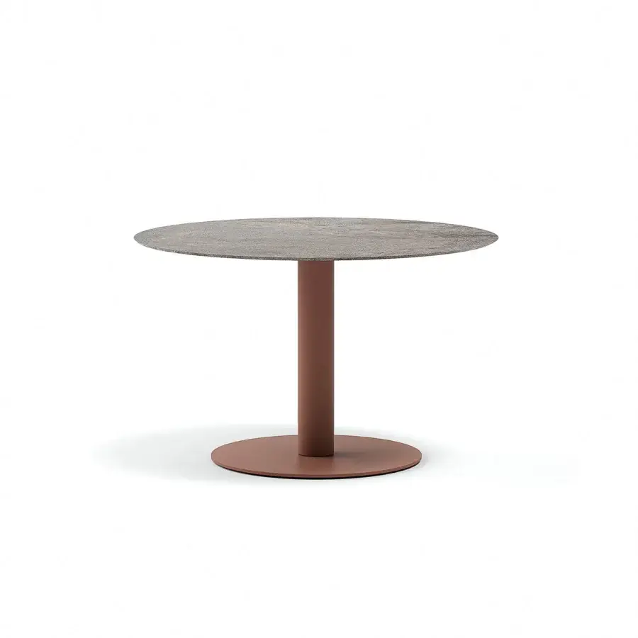 Exceptional Atmosphera Arena table with a solid terracotta base and textured mottled grey, beige gres tabletop finished with a durable matte surface