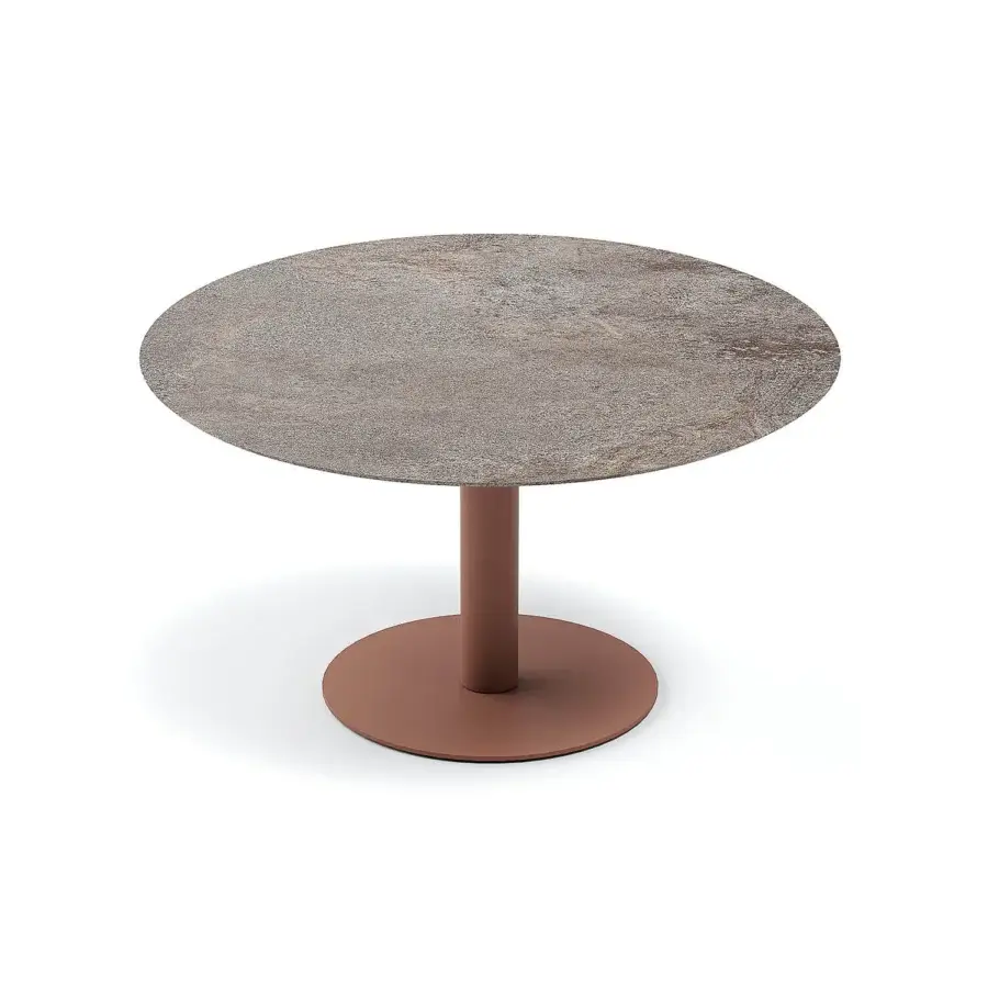 Distinguished Atmosphera Arena table with a gres tabletop in gray, beige, and brown tones plus a satin terracotta base