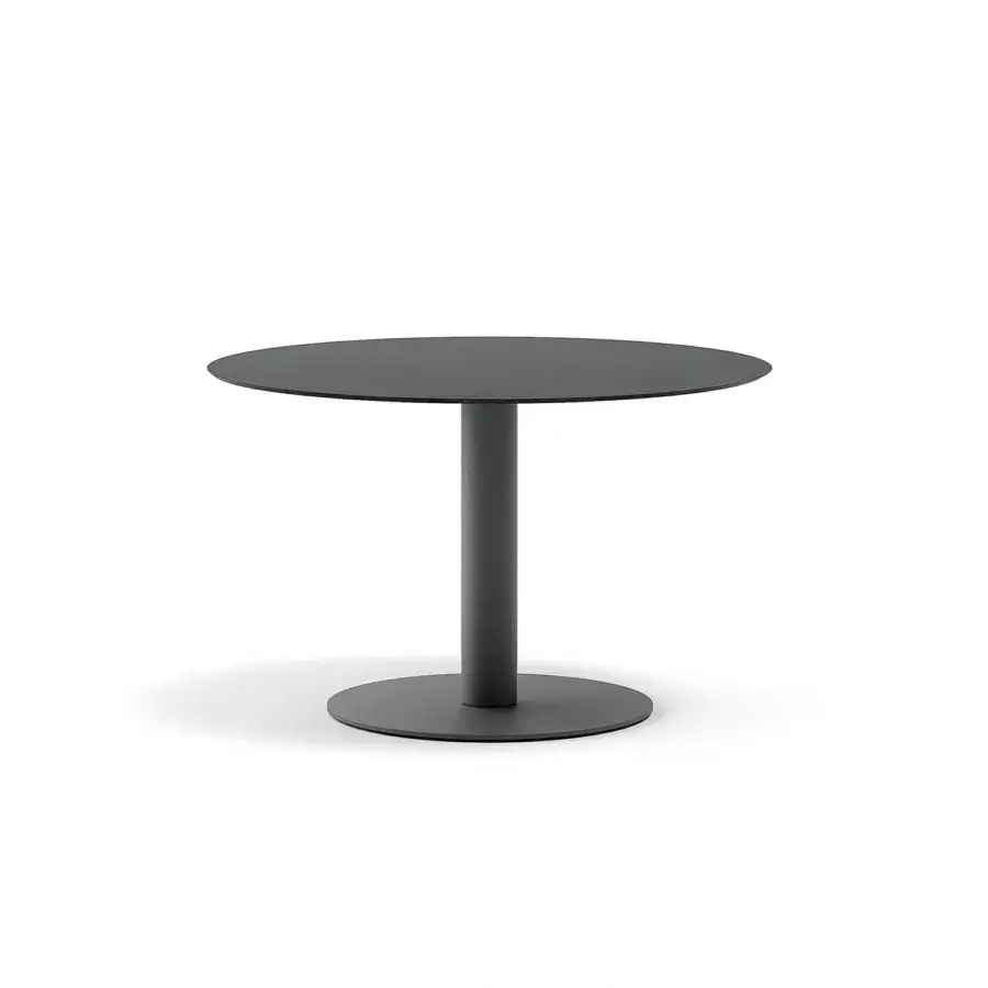 Architectural Atmosphera Arena table with a smooth circular tabletop crafted in matte dark gray gres for outdoor use