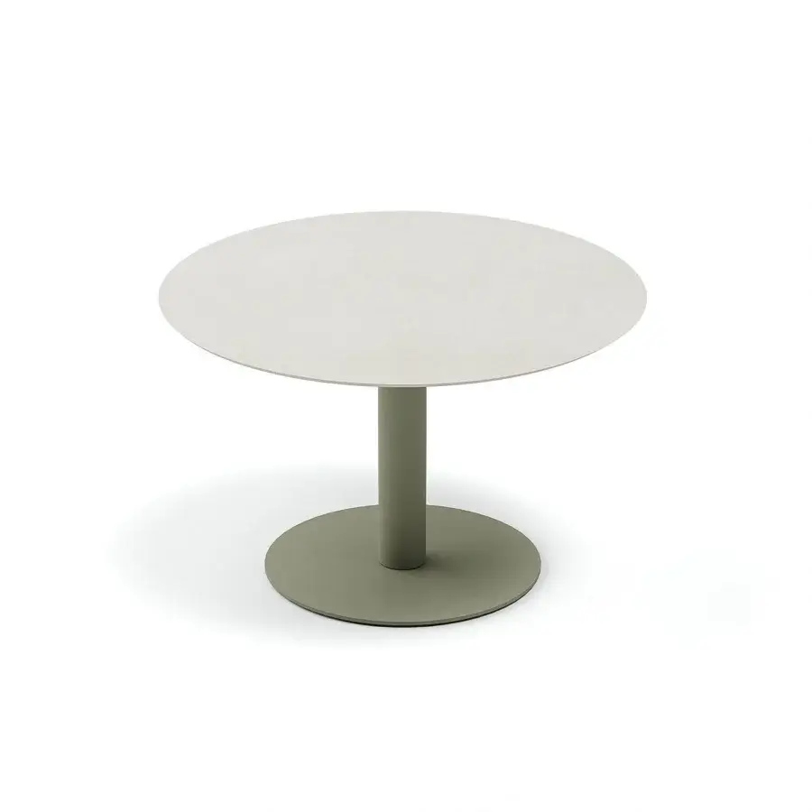 Refined Atmosphera Arena table with pale beige HPL tabletop and light olive green satin-finish metal base