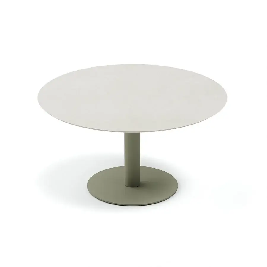Distinguished Atmosphera Arena table with a light neutral beige gres tabletop and cylindrical muted sage green HPL base