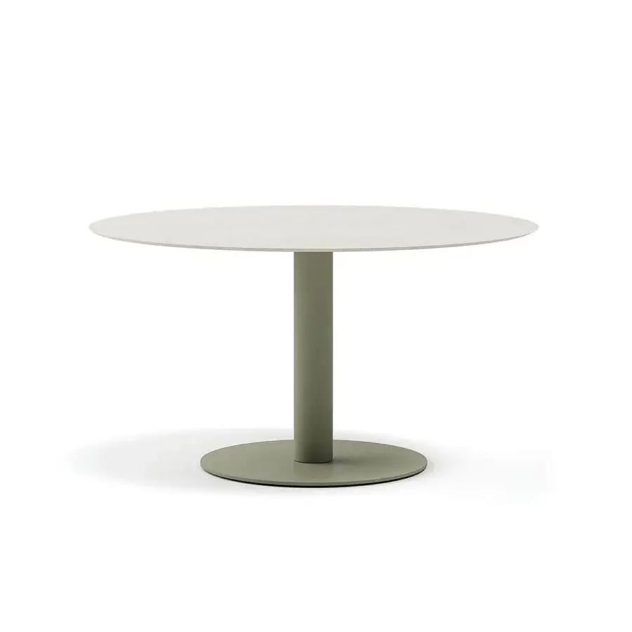 Superior Atmosphera Arena table with a light off-white gres tabletop and sage green HPL pedestal base