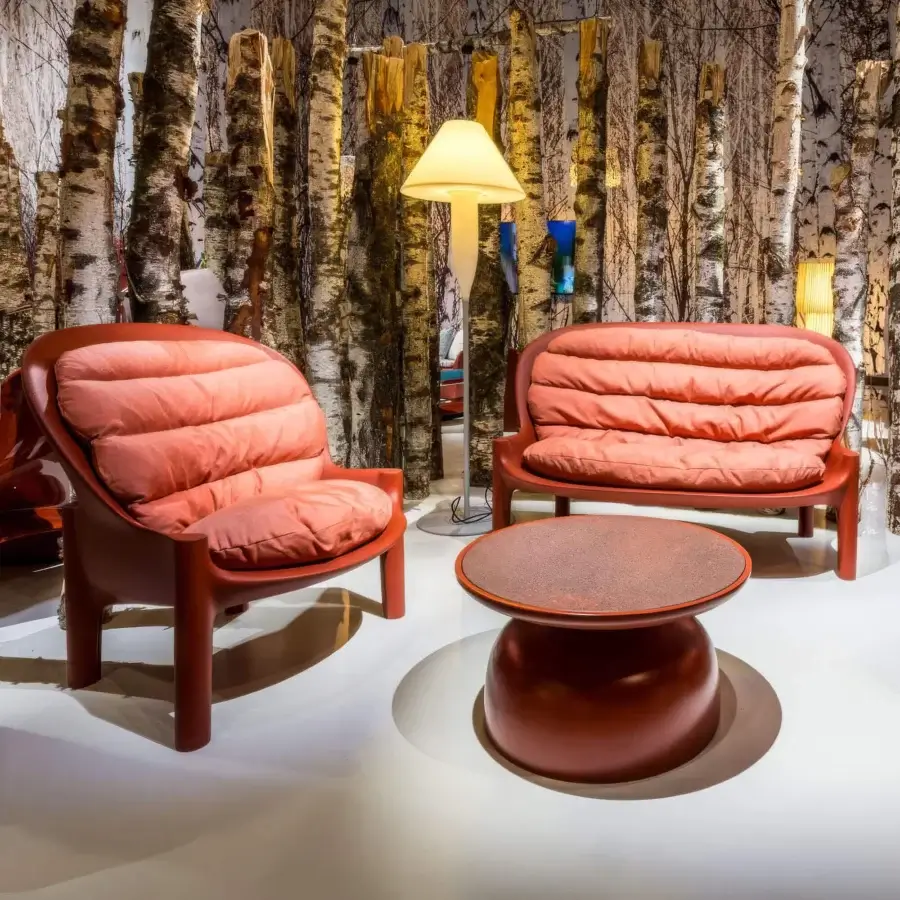 Superior Serralunga Balzac lounge chair with quilted detailing built in terracotta recyclable LLDPE with matte finish