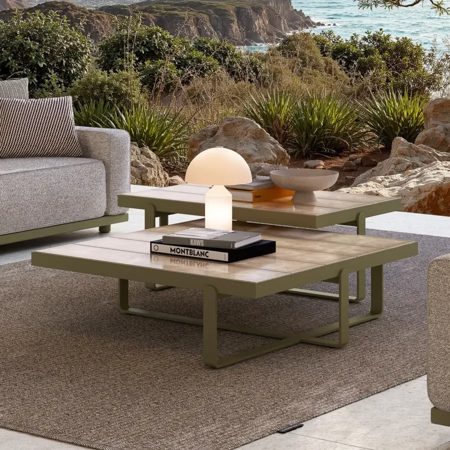 Architectural Atmosphera Capri coffee table with solid aluminum base and glossy glazed lava stone slat top in muted olive green finish