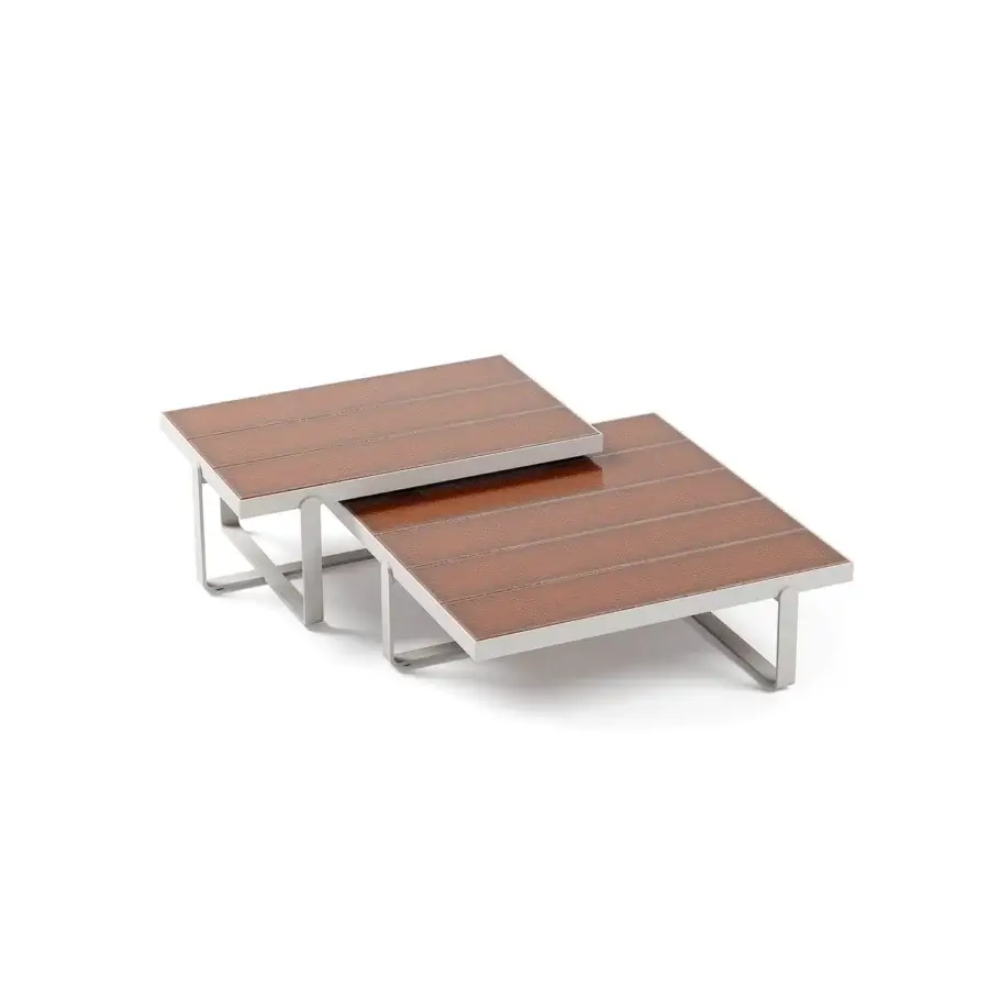 Sophisticated Atmosphera Capri coffee table with reddish-brown glazed lava stone slats and sleek silver-grey aluminum base