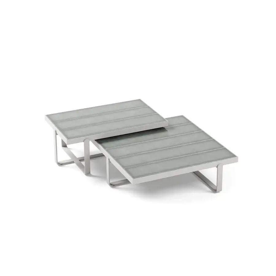Distinguished Atmosphera Capri coffee table with overlapping glossy glazed lava stone slats and satin aluminum base