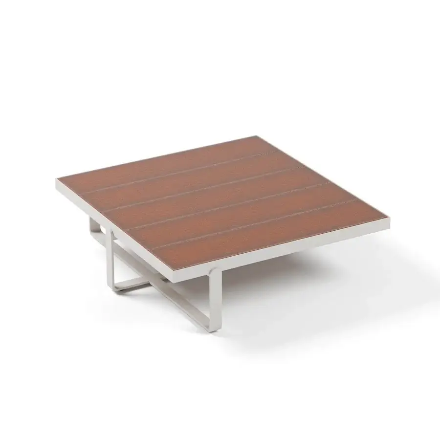 Exceptional Atmosphera Capri coffee table with reddish-brown lava stone slats and smooth matte neutral-toned aluminum base