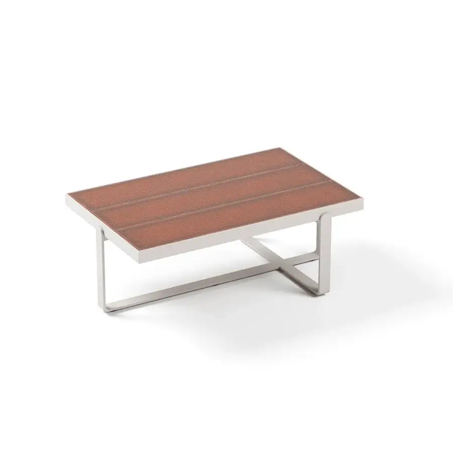 Architectural Atmosphera Capri coffee table with reddish-brown glazed lava stone slats and light gray finished aluminum base