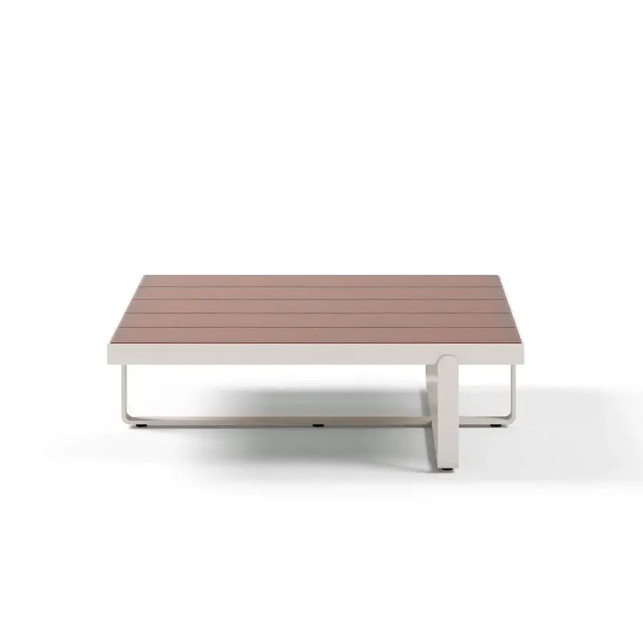 Sophisticated Atmosphera Capri coffee table with reddish-brown glazed lava stone slats and light gray aluminum base