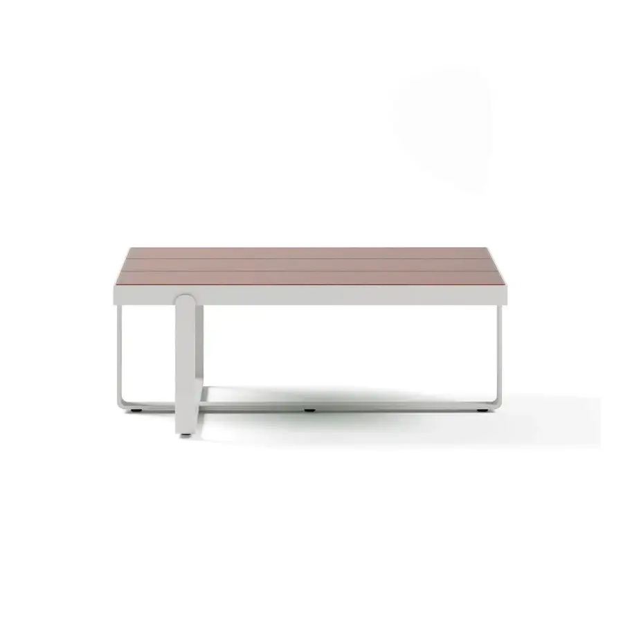 Architectural Atmosphera Capri coffee table with reddish-brown glazed lava stone slats and light gray matte aluminum base