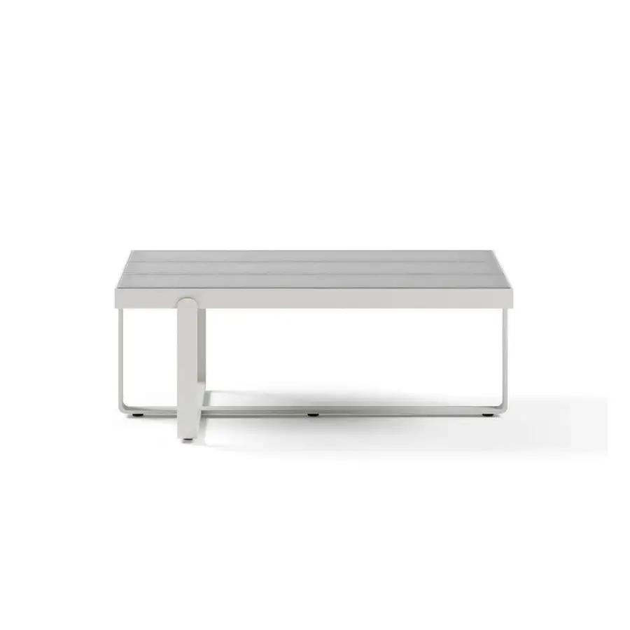 Architectural Atmosphera Capri coffee table with light gray lava stone slats and a solid aluminum base in a matte finish