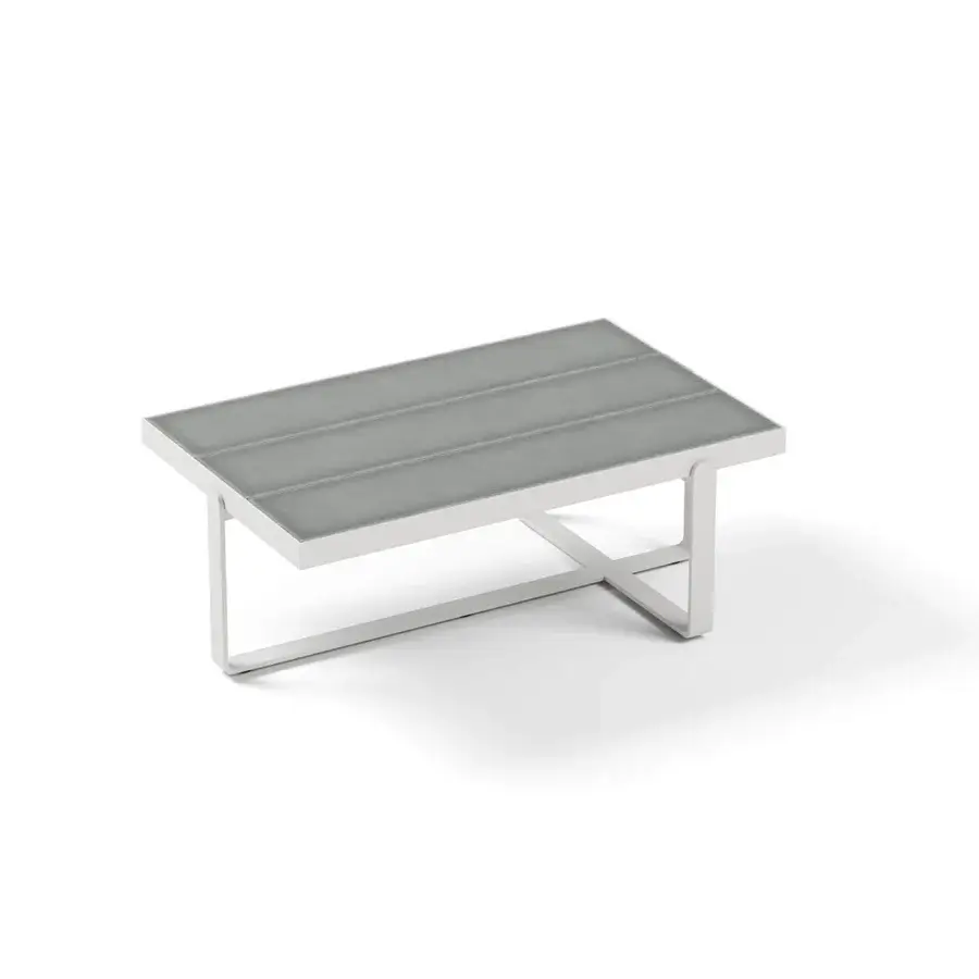 Sophisticated Atmosphera Capri coffee table with a glossy glazed lava stone slat top and solid aluminum base
