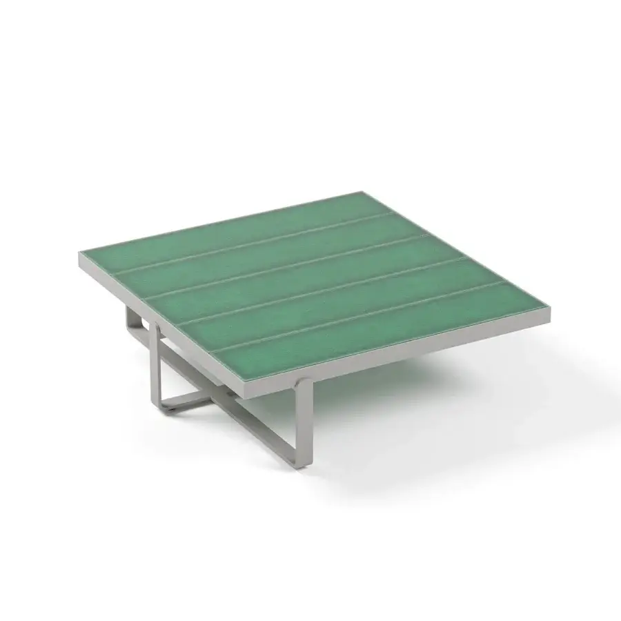 Distinguished Atmosphera Capri coffee table with a glossy glazed lava stone slat tabletop and lightweight aluminum base