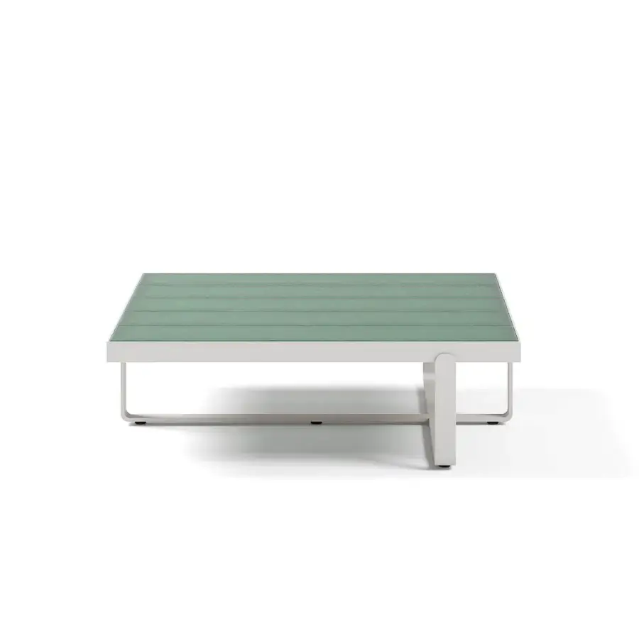 Architectural Atmosphera Capri coffee table with muted green glazed lava stone slats and a light gray satin-finish aluminum base