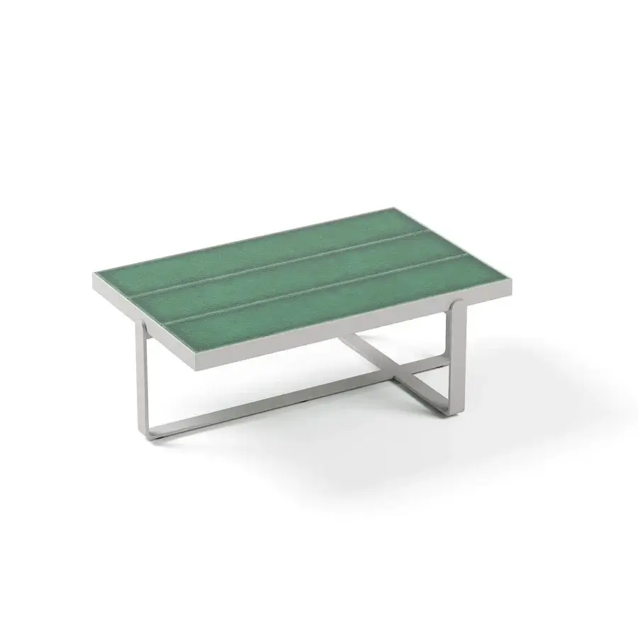 Exceptional Atmosphera Capri coffee table with glossy glazed green lava stone slats and matte silver aluminum base