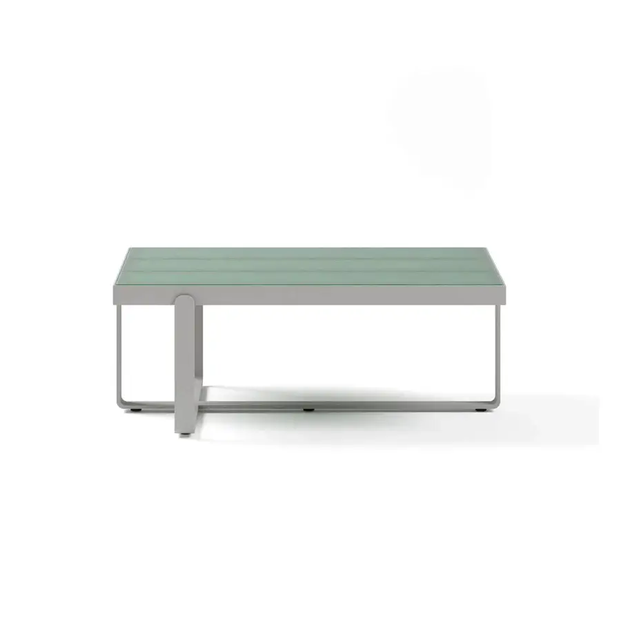 Sophisticated Atmosphera Capri coffee table with a glossy glazed greenish-grey lava stone slat tabletop and solid aluminum base