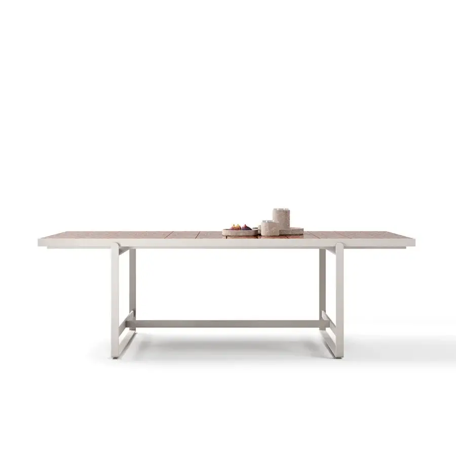 Exceptional Atmosphera Capri table with warm brown glazed lava stone slats and a satin neutral gray aluminum base