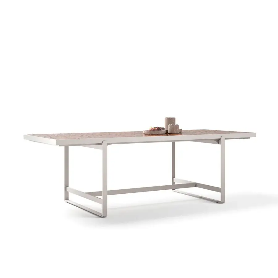 Distinguished Atmosphera Capri table with glossy glazed lava stone slats and a solid aluminum base in reddish-brown tones