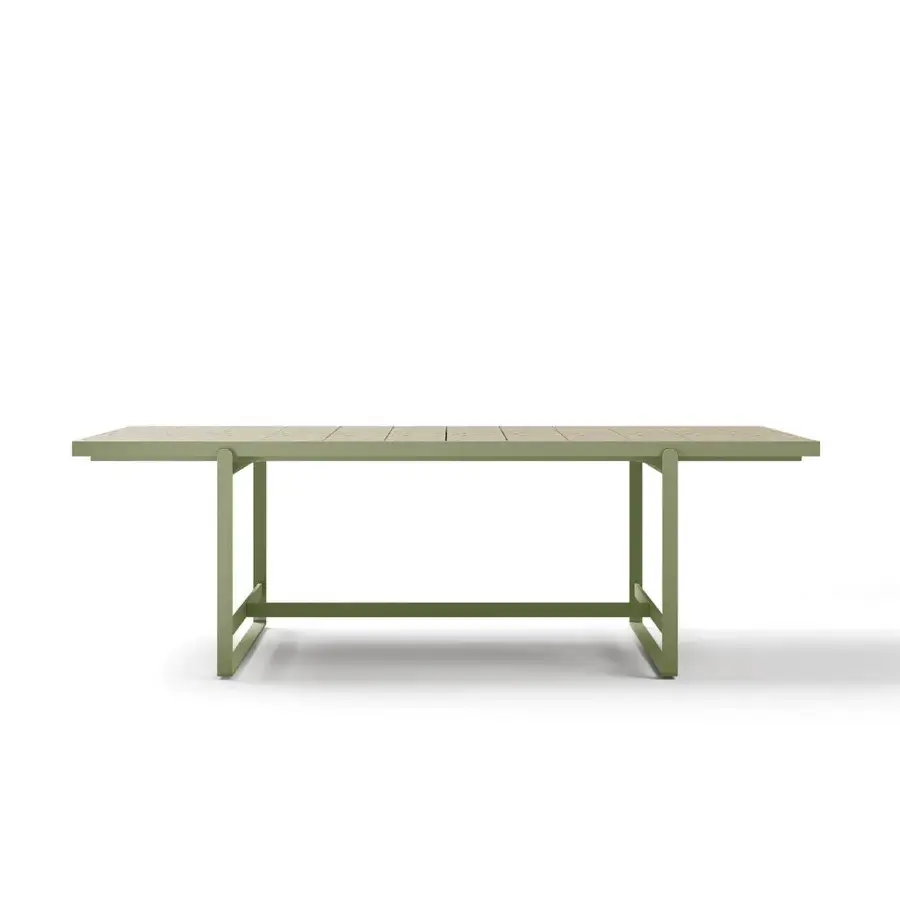 Exceptional Atmosphera Capri table crafted with durable aluminum and a stunning glossy glazed lava stone tabletop in muted olive-green