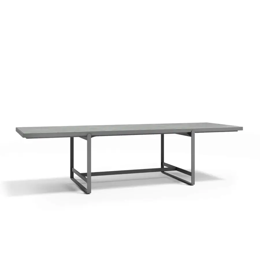 Elegant Atmosphera Capri table with glossy glazed lava stone slats and a solid aluminum base crafted in a muted gray tone